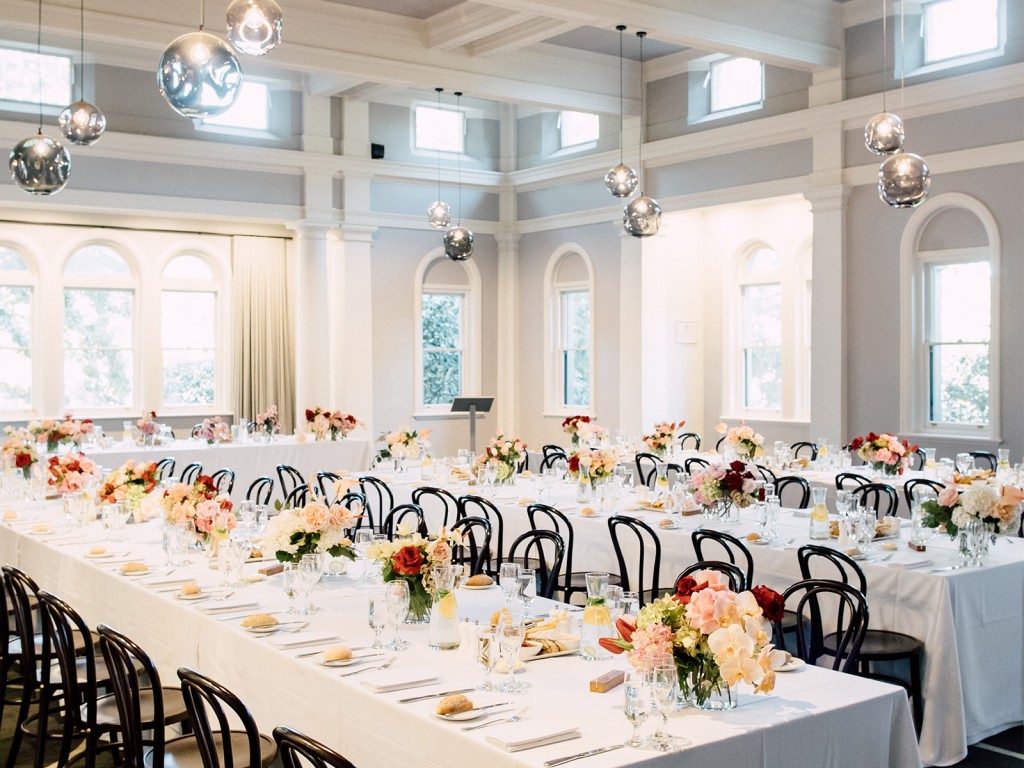 luxury classic wedding werribee park the refectory white tables black chair floral chic